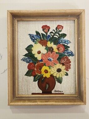 Vintage Miniature Floral Bouquet Oil Painting Framed Art Signed Cottagecore